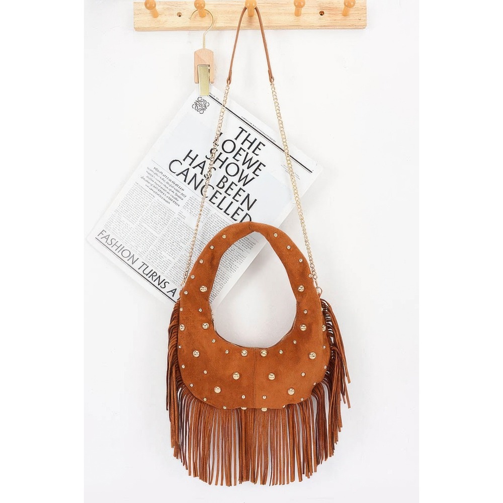 Hobo Bag Women OS Brown New Faux Suede Studded Fringe Western Boho